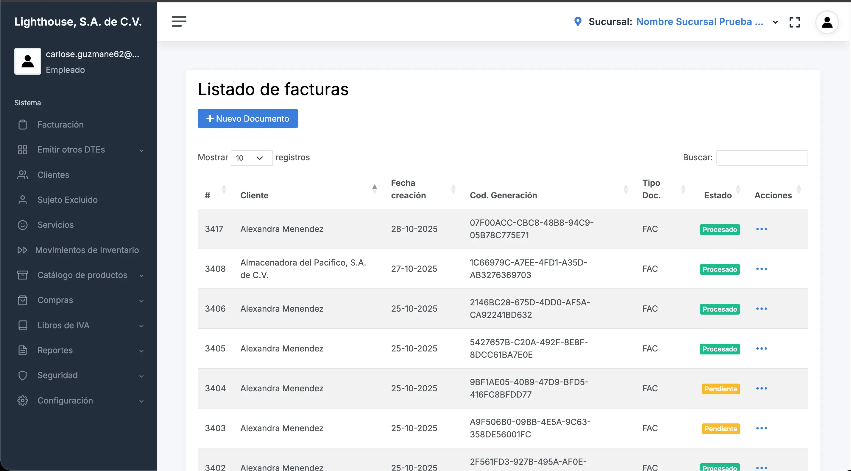 Dashboard principal de Tu Facturación App